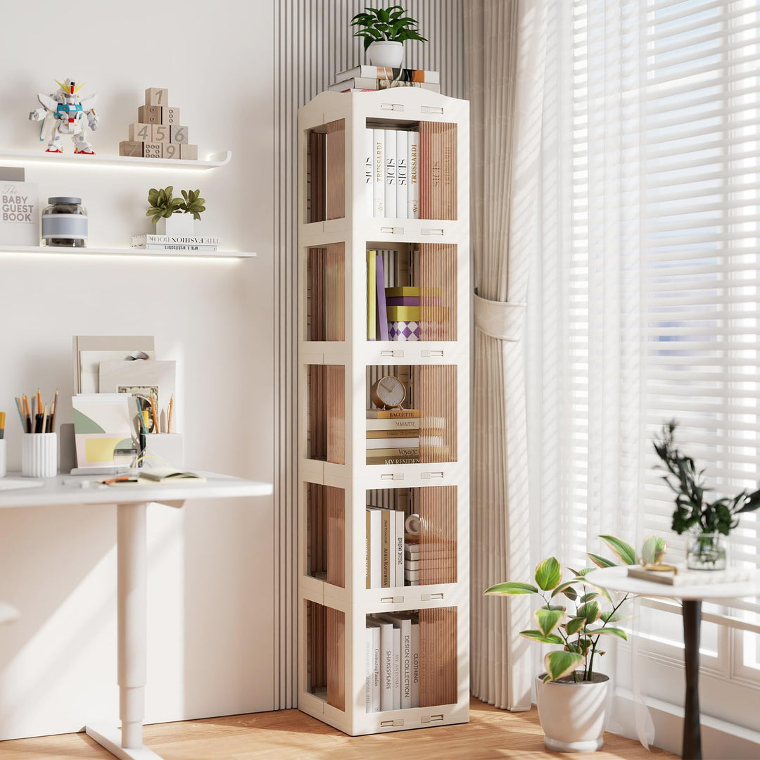 Giantex 5-Tier Foldable Rotating Bookshelf w/Swivel Base | 360° Revolving Bookshelf Tower