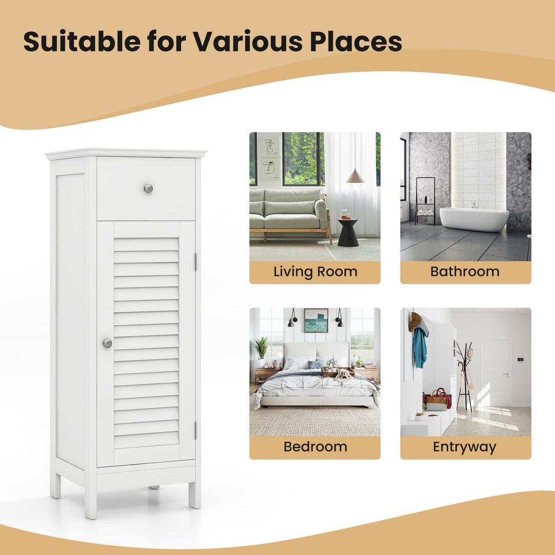 Giantex Bathroom Floor Storage Cabinet - Freestanding Side Cabinet with 1 Door, 1 Drawer &amp; 3-Height Adjustable Shelf