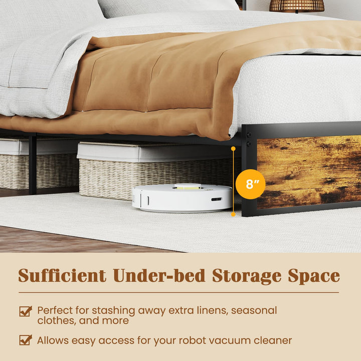 Giantex King/Queen/Twin Size Bed Frame with Storage Headboard and Charging Station, Industrial Metal Platform Bed