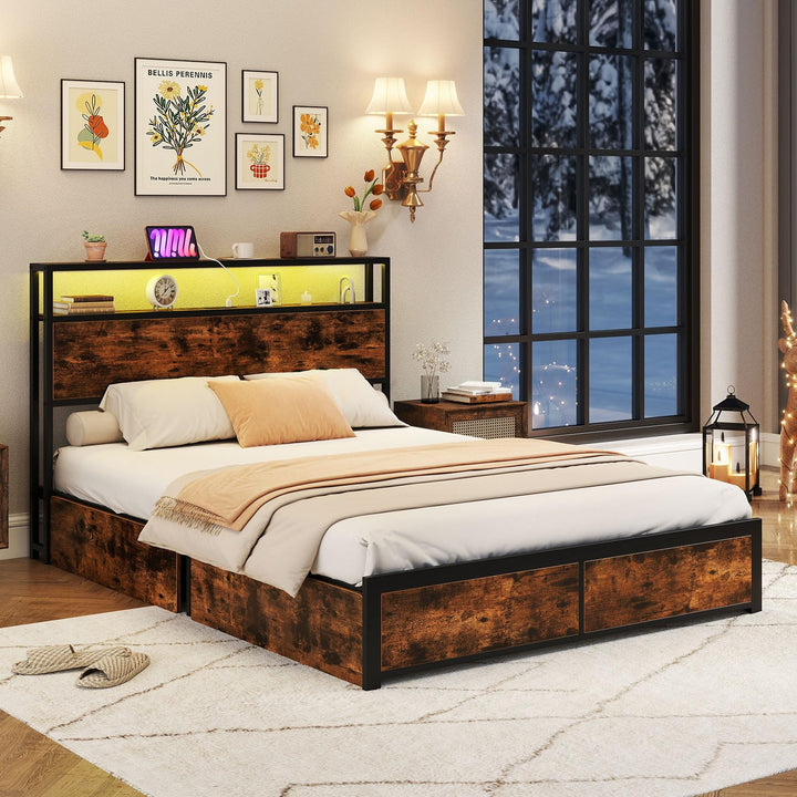 Giantex Queen/Full Size LED Bed Frame with Charging Station &amp; 4 Storage Drawers