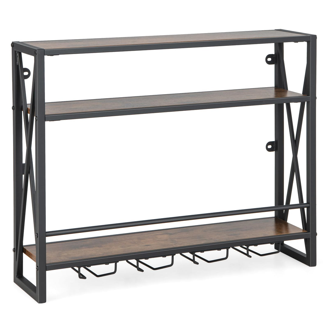 Giantex Industrial Wall-Mounted Wine Rack, 3 Tiers Metal Hanging Wine Shelf with Glass Holder