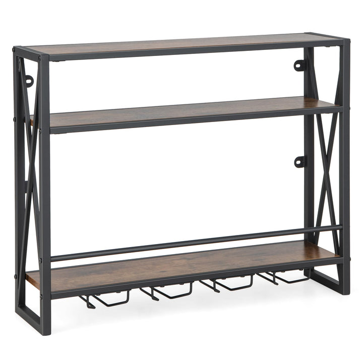 Giantex Industrial Wall-Mounted Wine Rack, 3 Tiers Metal Hanging Wine Shelf with Glass Holder