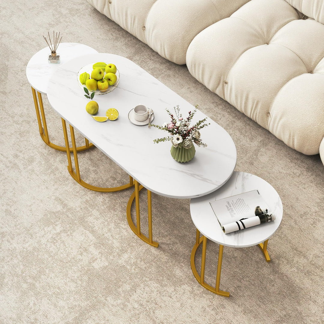 Giantex Nesting Coffee Table Set of 3, Stacking Side Tables with Faux Marble Tabletop &amp; Gold Metal Frame