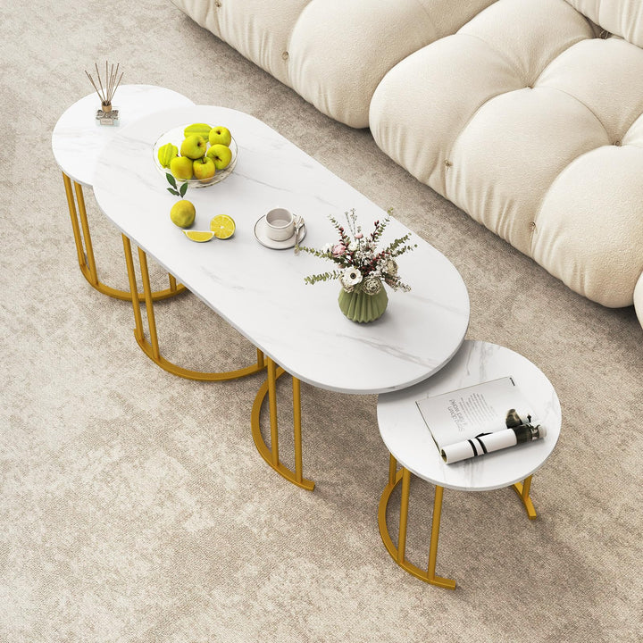 Giantex Nesting Coffee Table Set of 3, Stacking Side Tables with Faux Marble Tabletop &amp; Gold Metal Frame