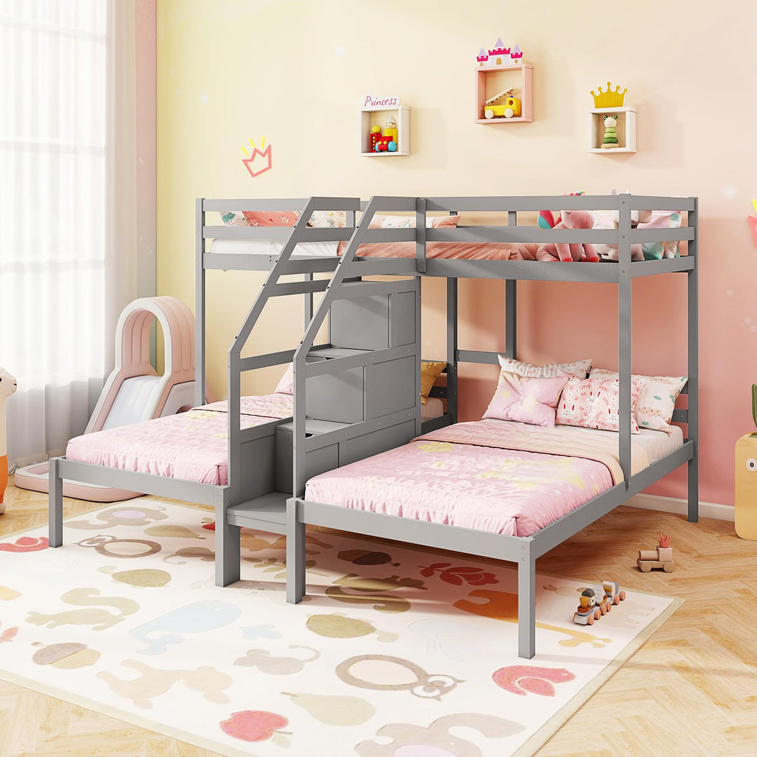 Giantex Twin Over Twin &amp; Twin Bunk Bed Triple Bunk Beds with 4-Step Storage Stair