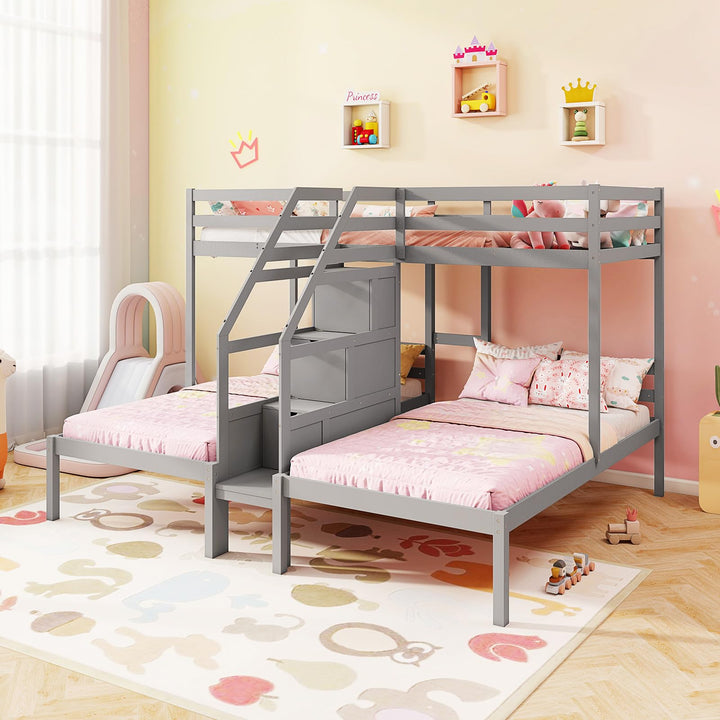 Giantex Twin Over Twin &amp; Twin Bunk Bed Triple Bunk Beds with 4-Step Storage Stair
