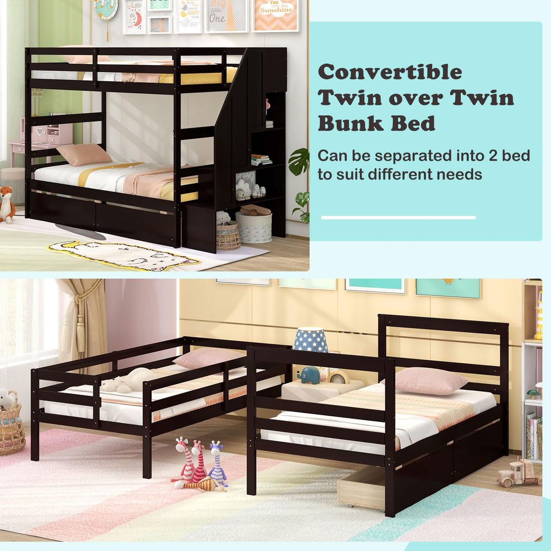 Giantex Bunk Bed Twin Over Twin with Storage Stairs &amp; Drawers, Solid Wood Bunk Bed with Full-Length Guardrails