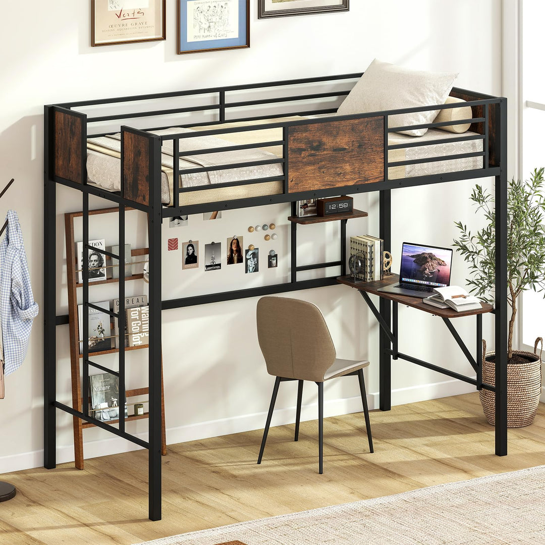 Giantex Twin Loft Bed with Desk - Heavy-Duty Metal Bed Frame w/Safety Guardrail