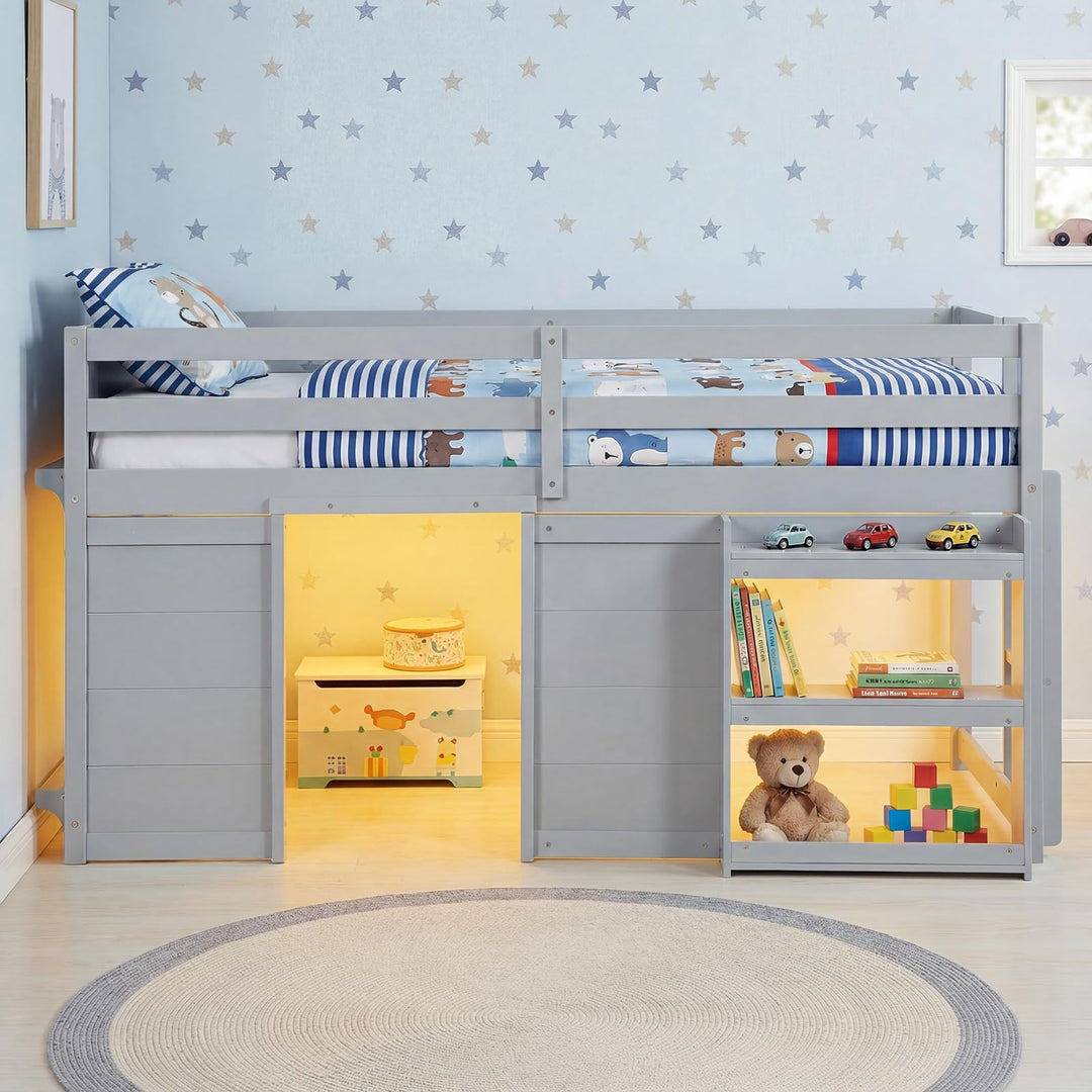 Giantex Wooden Low Kids Loft Bed with  LED Lights and 2 Doors