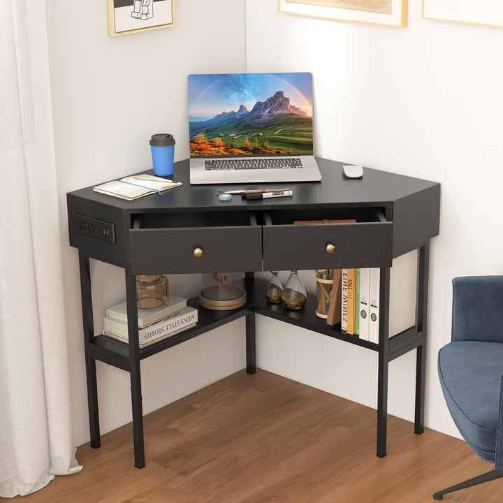 Giantex Corner Desk with Charging Station, 90 Degree Triangle Computer Desk with 2 Drawers &amp; Storage Shelf