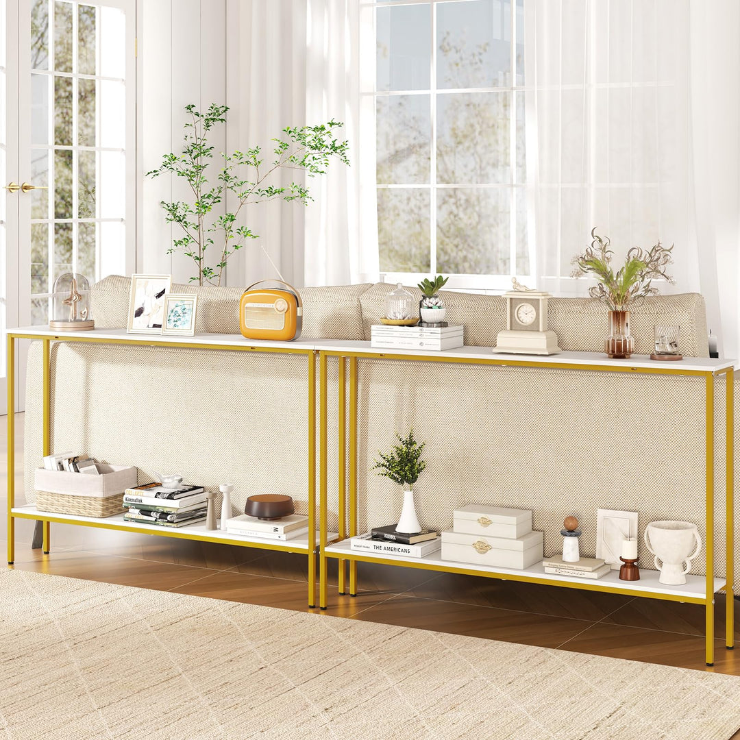 Giantex Gold Console Table with Shelf, 44" Narrow Entryway Table w/Dual Anti-Tipping Kits &amp; Golden Metal Frame