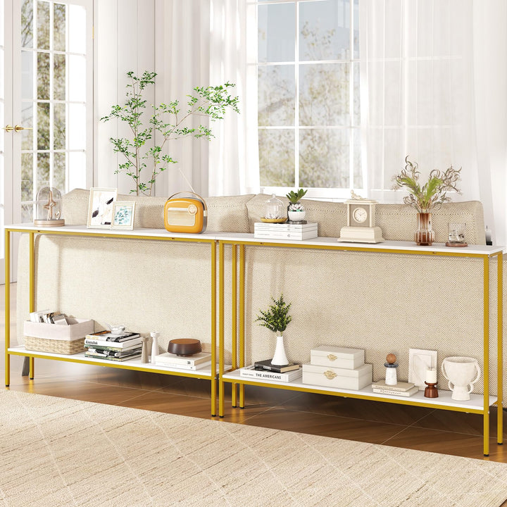 Giantex Gold Console Table with Shelf, 44" Narrow Entryway Table w/Dual Anti-Tipping Kits &amp; Golden Metal Frame