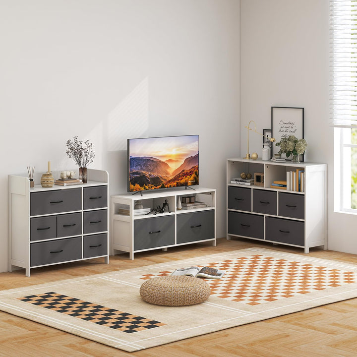 Giantex Storage Cabinet with 5 Drawers &amp; 2 Cube Shelves, Chest of Drawers, Console Table, White &amp; Grey