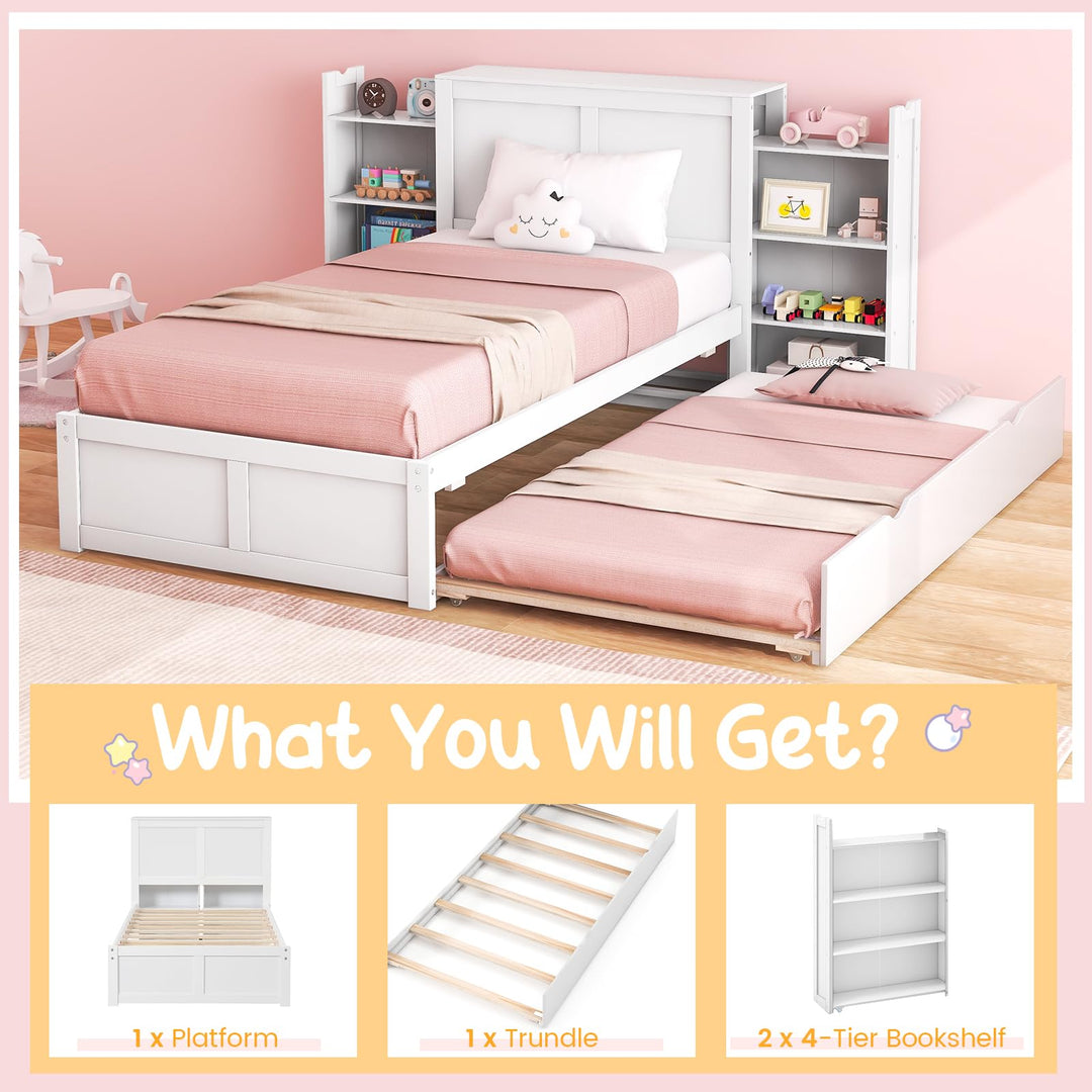 Giantex Full Bed Frame with Twin Trundle, Wooden Bed Wooden Bed Frame with 2 Rolling Bookcases &amp; High Headboard