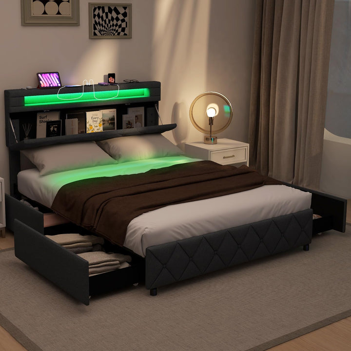 Giantex Queen/Full Size Bed Frame with Storage Headboard and 4 Drawers, Modern Upholstered Platform Bed with Charging Station