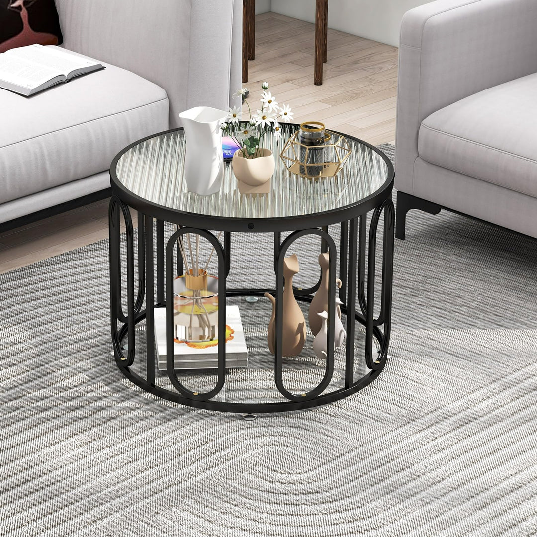 Giantex Small Round Glass Coffee Table, 24" Accent Side Sofa Tea Table with Tempered Glass Top &amp; Oval Swivel Brackets