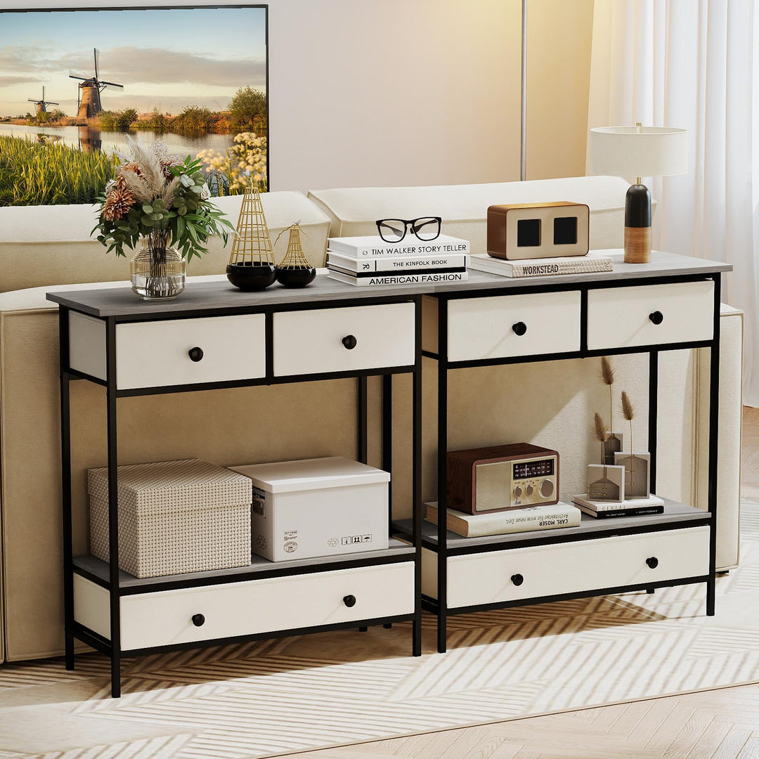 Giantex Farmhouse Console Table 32” Entryway Table with 3 Fabric Drawers &amp; Open Storage Shelf