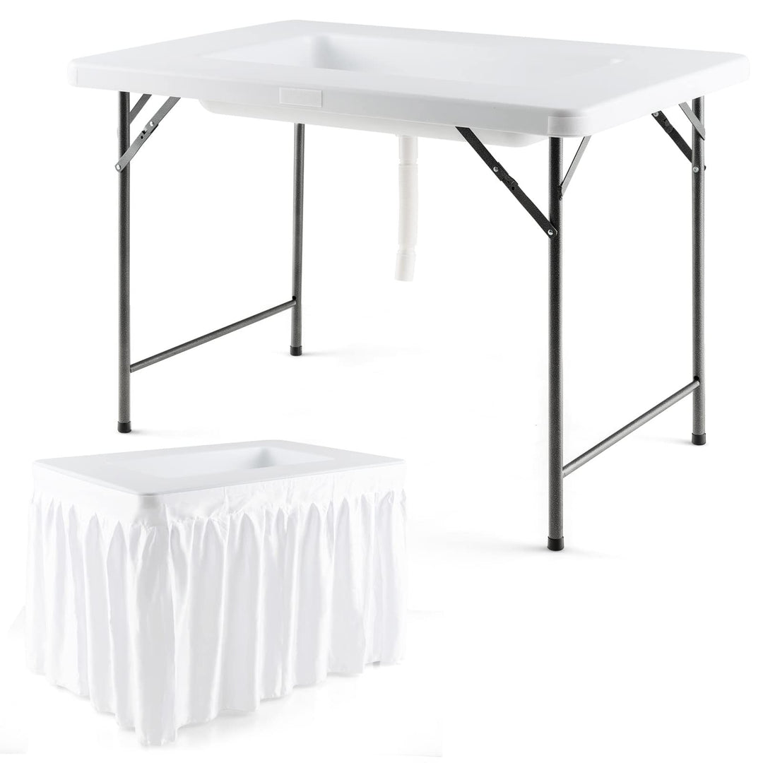 Giantex 4Ft Folding Ice Cooler Table with Drain - No Assembly Ice Bin Table with Edge and Removable Matching Skit