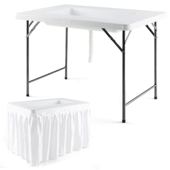 Giantex 4Ft Folding Ice Cooler Table with Drain - No Assembly Ice Bin Table with Edge and Removable Matching Skit