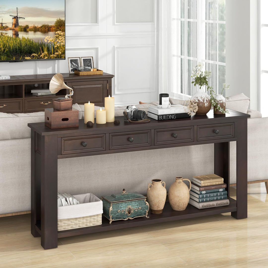 Giantex 63" Farmhouse Entryway Table, Narrow Console Table w/ 4 Storage Drawers &amp; Open Shelf