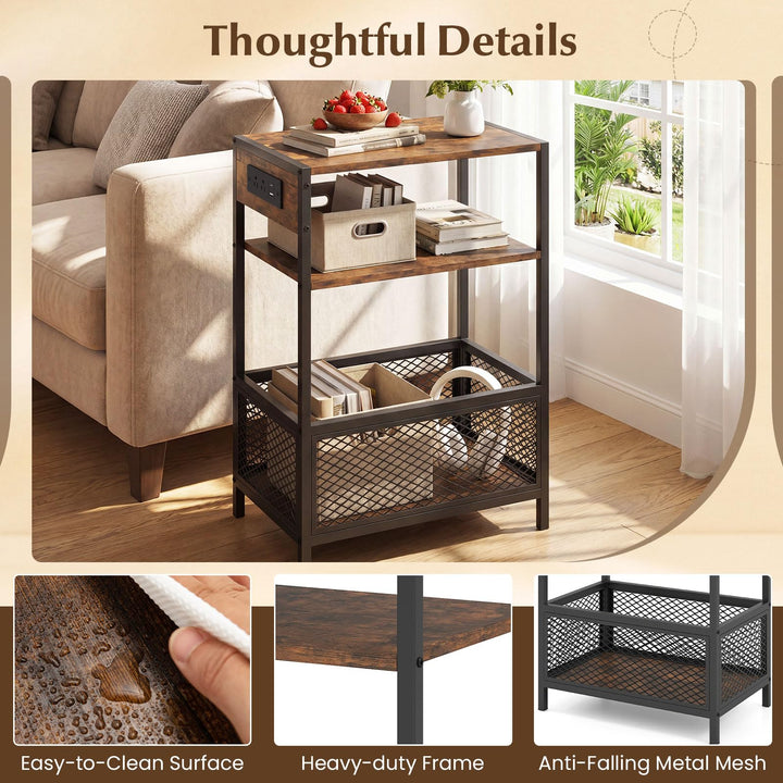 Giantex 3-Tier End Table w/Metal Mesh Compartment &amp; 2 AC Outlets (1/2)