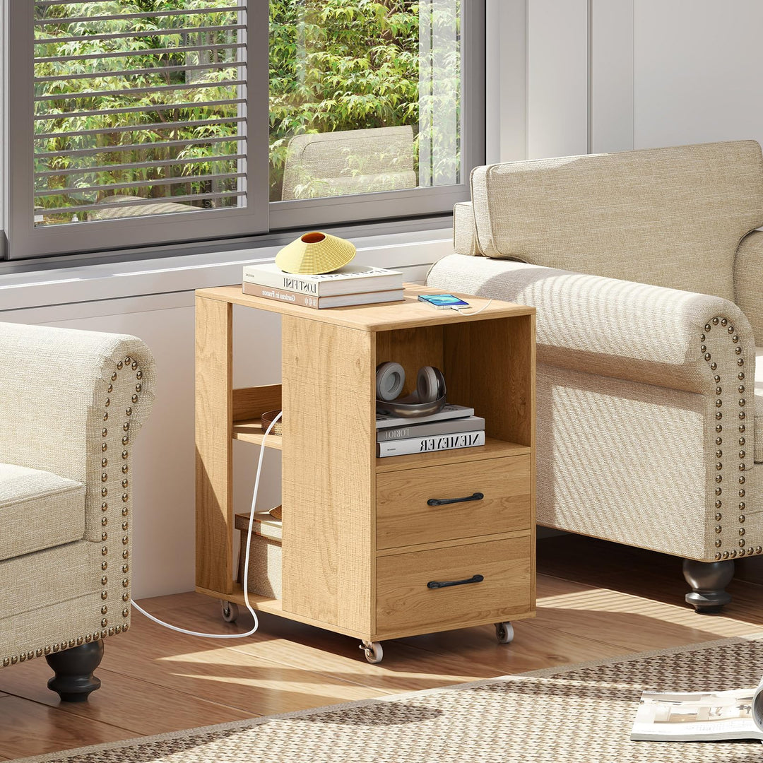 Giantex End Table with Charging Station - Night Stand on Wheels