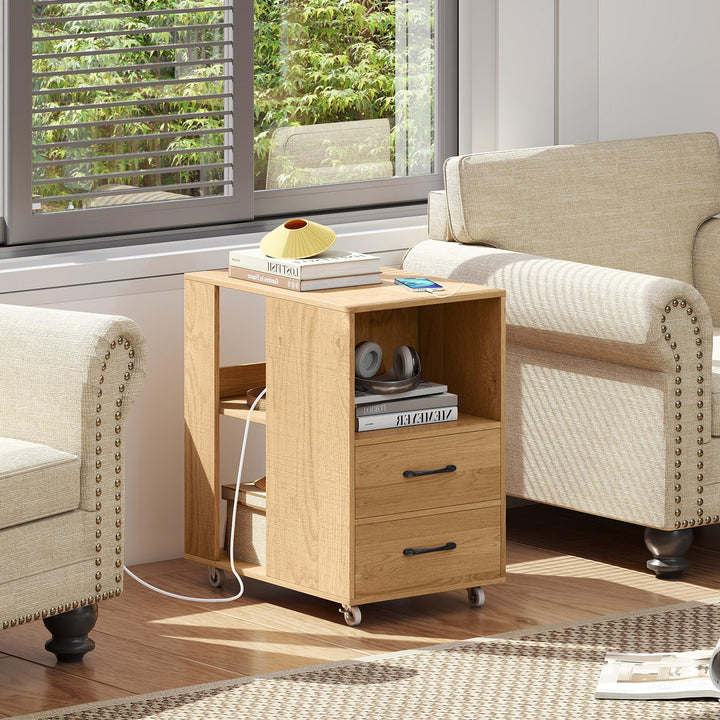 Giantex End Table with Charging Station - Night Stand on Wheels