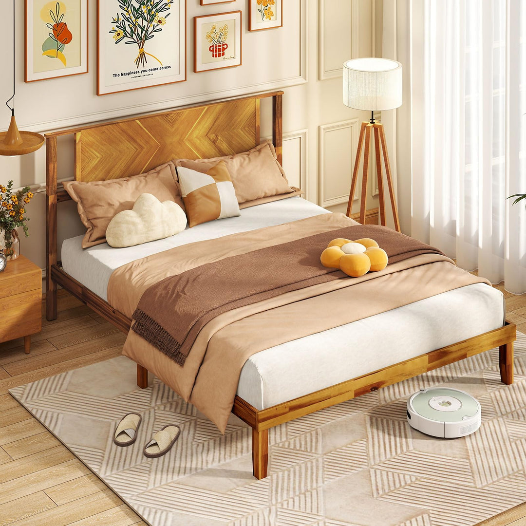 Giantex Queen/Full/Twin Size Acacia Wood Platform Bed Frame Mid-Century Modern Bed Frame with Headboard