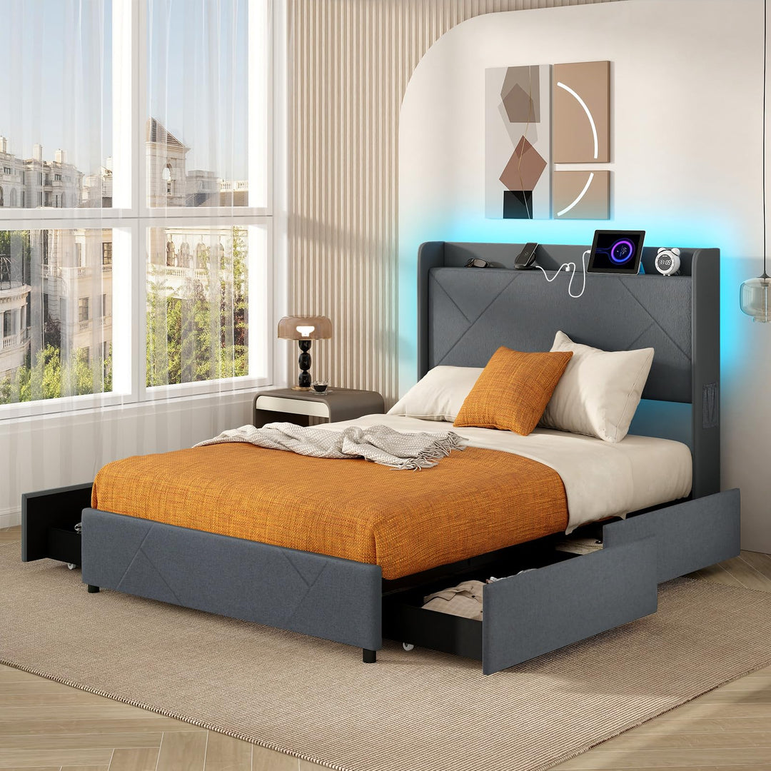 Giantex Full/Queen Size Bed Frame with 4 Storage Drawers &amp; LED Lights, Headboard &amp; Charging Station, Wooden Slats, Easy Assembly, Grey