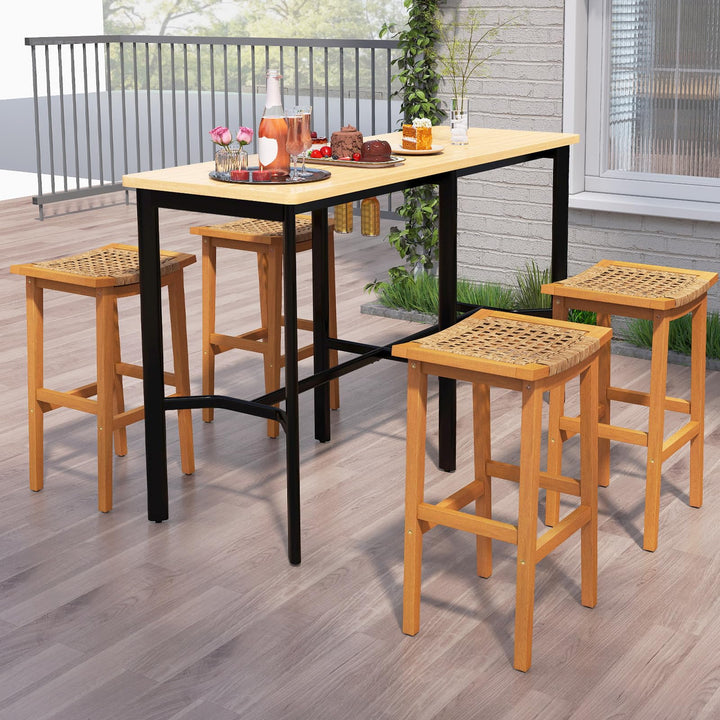 Giantex Outdoor Wooden 29" Bar Stools Set of 2/4 Backless Patio Barstools with PE Rattan Saddle Seat &amp; Footrest