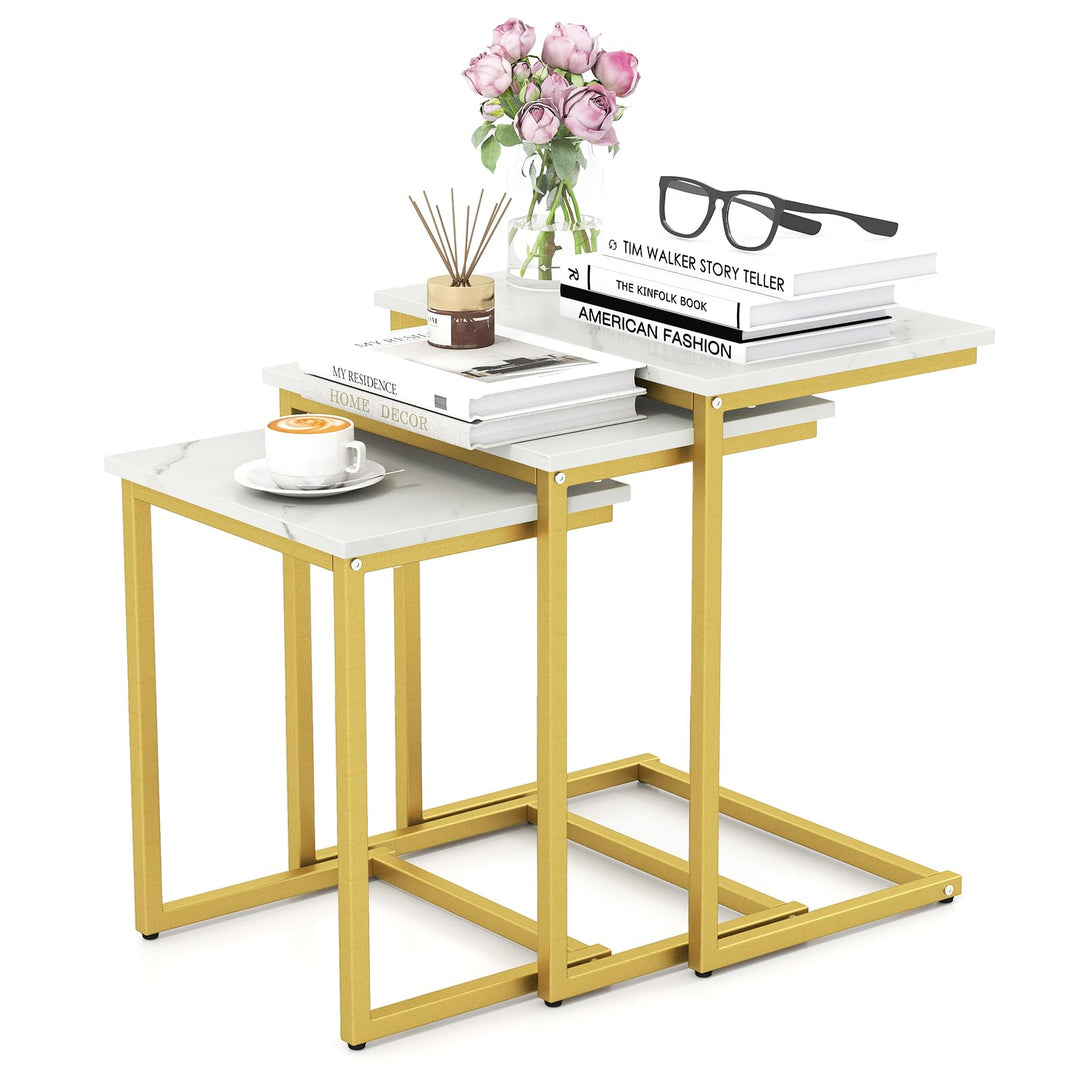 Giantex Nesting Coffee Table Set of 3 Stackable Square End Table w/Faux Marble Tabletop &amp; Heavy-Duty Metal Frame