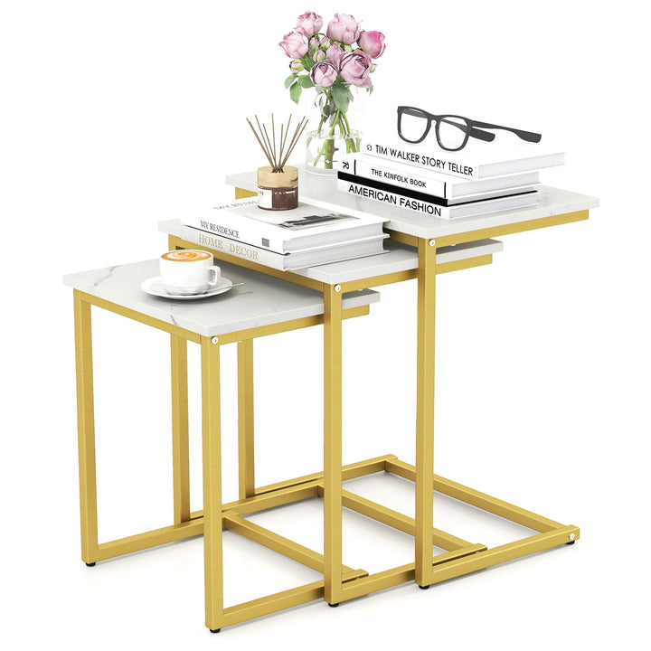 Giantex Nesting Coffee Table Set of 3 Stackable Square End Table w/Faux Marble Tabletop &amp; Heavy-Duty Metal Frame
