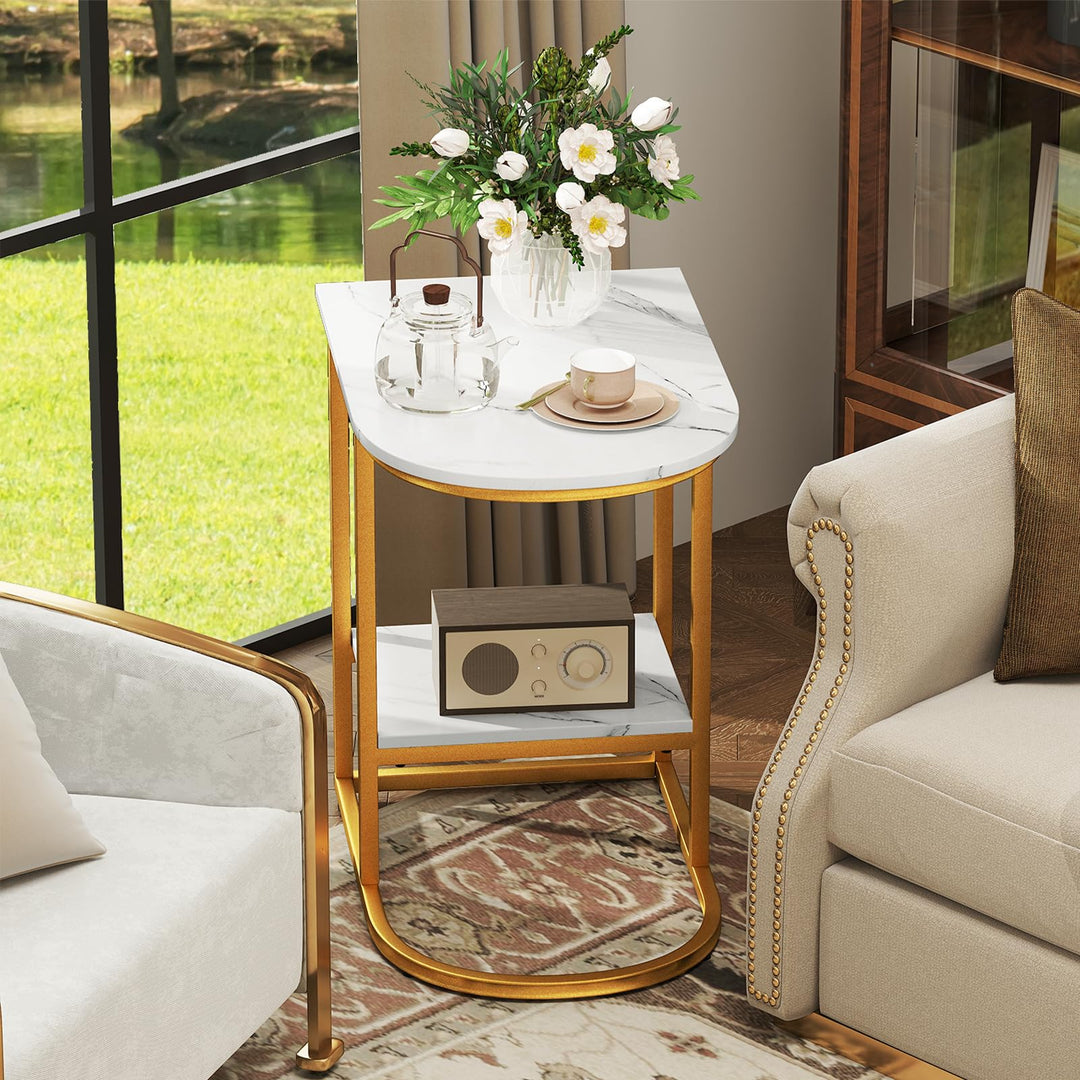 Giantex C Shaped End Table with Faux Marble Tabletop and Storage Shelf