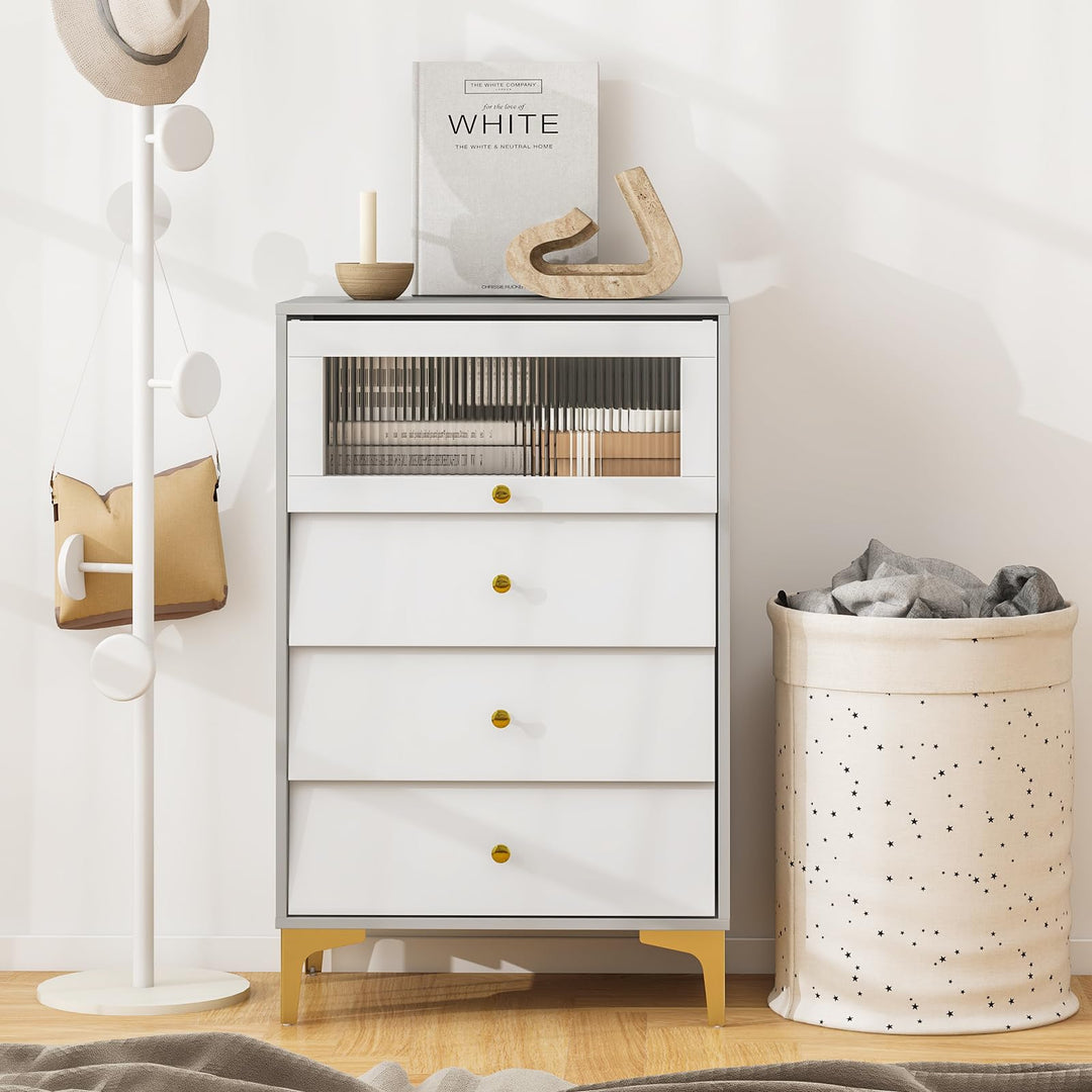 Giantex 3 Drawer Dresser, Modern Storage Cabinet w/Flip Up Fluted Glass Door &amp; Pull-Out Drawers