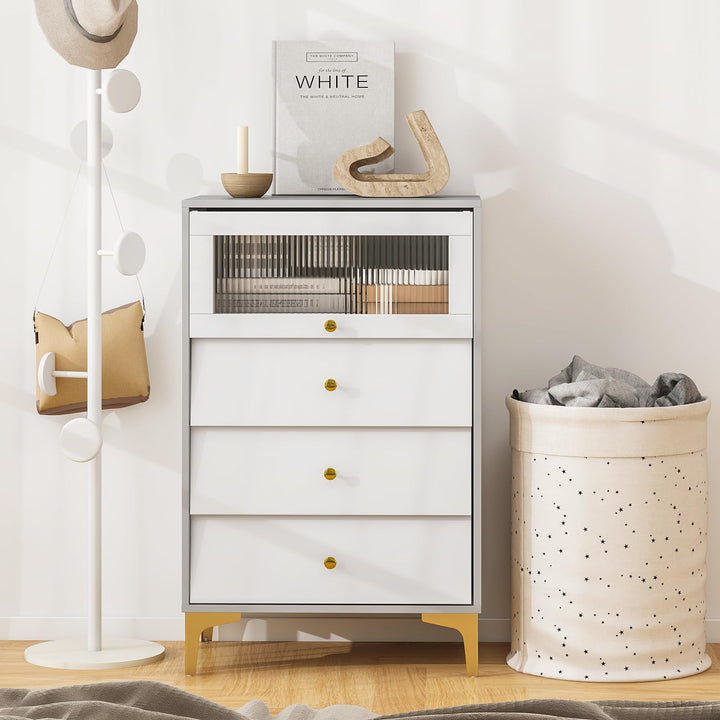 Giantex 3 Drawer Dresser, Modern Storage Cabinet w/Flip Up Fluted Glass Door &amp; Pull-Out Drawers