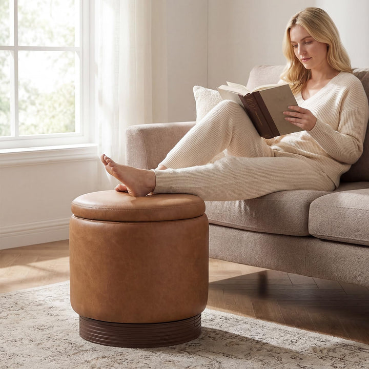 Giantex Round Ottoman with Storage 360° Swivel Faux Leather Vanity Stool