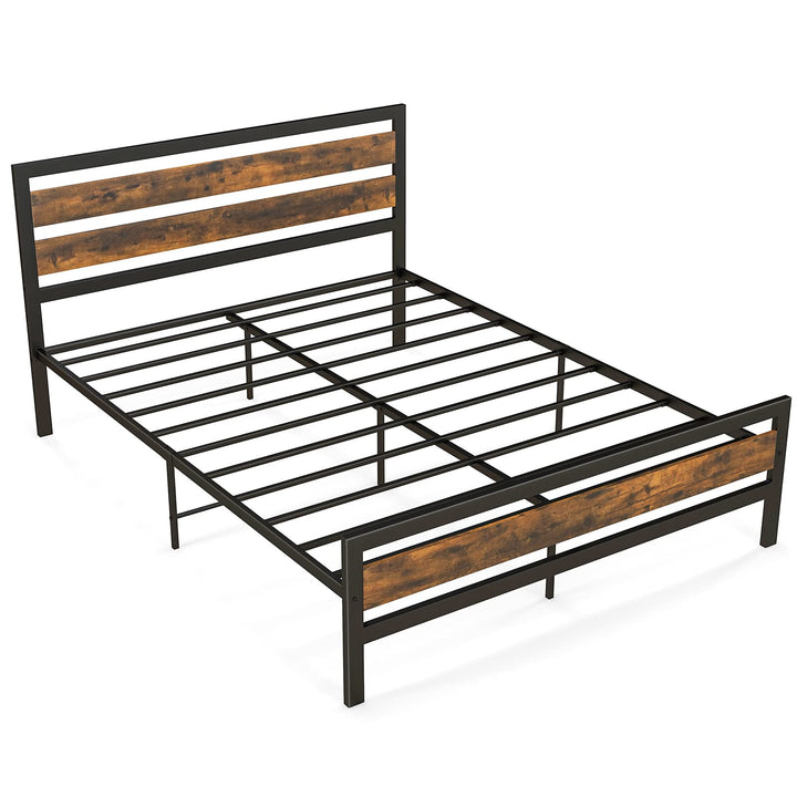 Giantex Queen Metal Platform Bed Frame with Wooden Headboard &amp; Footboard, Rustic Brown