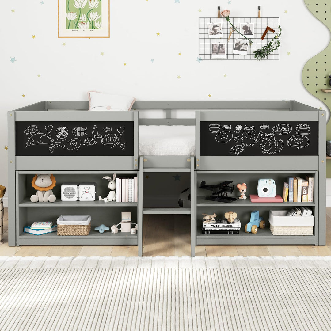 Giantex Low Loft Bed Twin Size, Wooden Loft Bed with Ladder &amp; Blackboard
