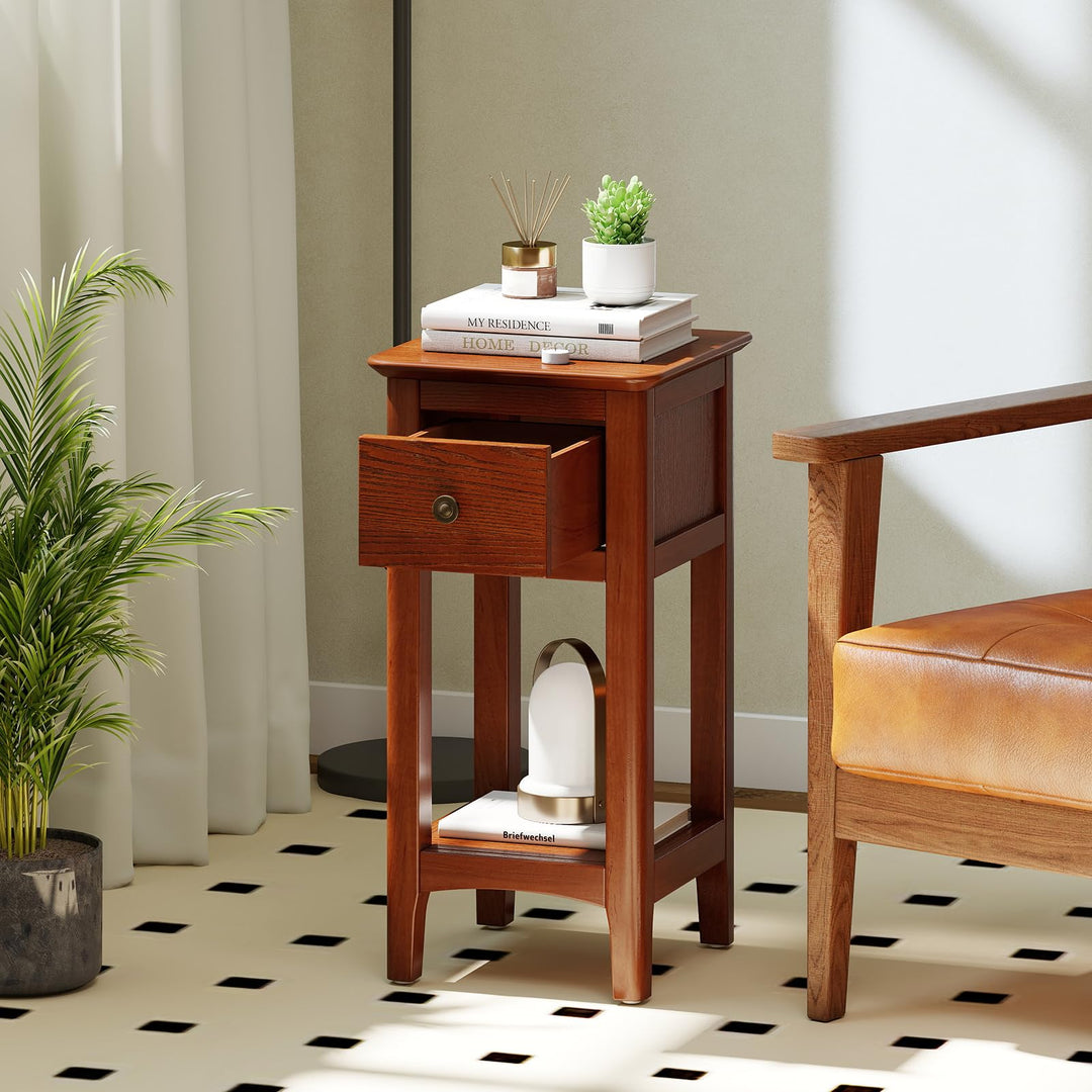 Giantex Narrow End Table with Drawer 23.5" H Side Table w/Open Storage Shelf &amp; Solid Wood Frame