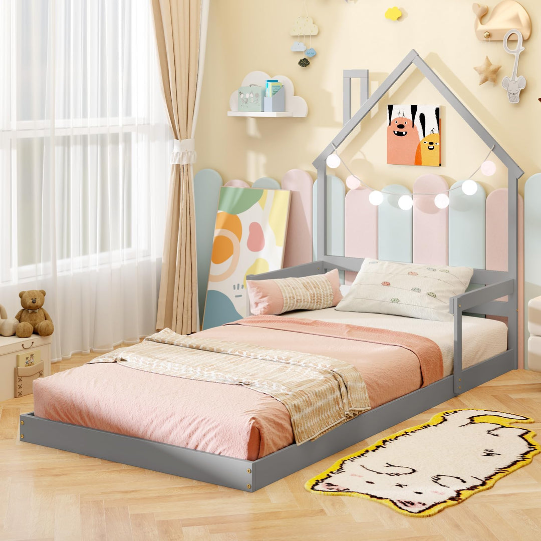 Giantex Twin Floor Bed for Kids, Wood Montessori Floor Bed with Chimney Headboard &amp; Handrail