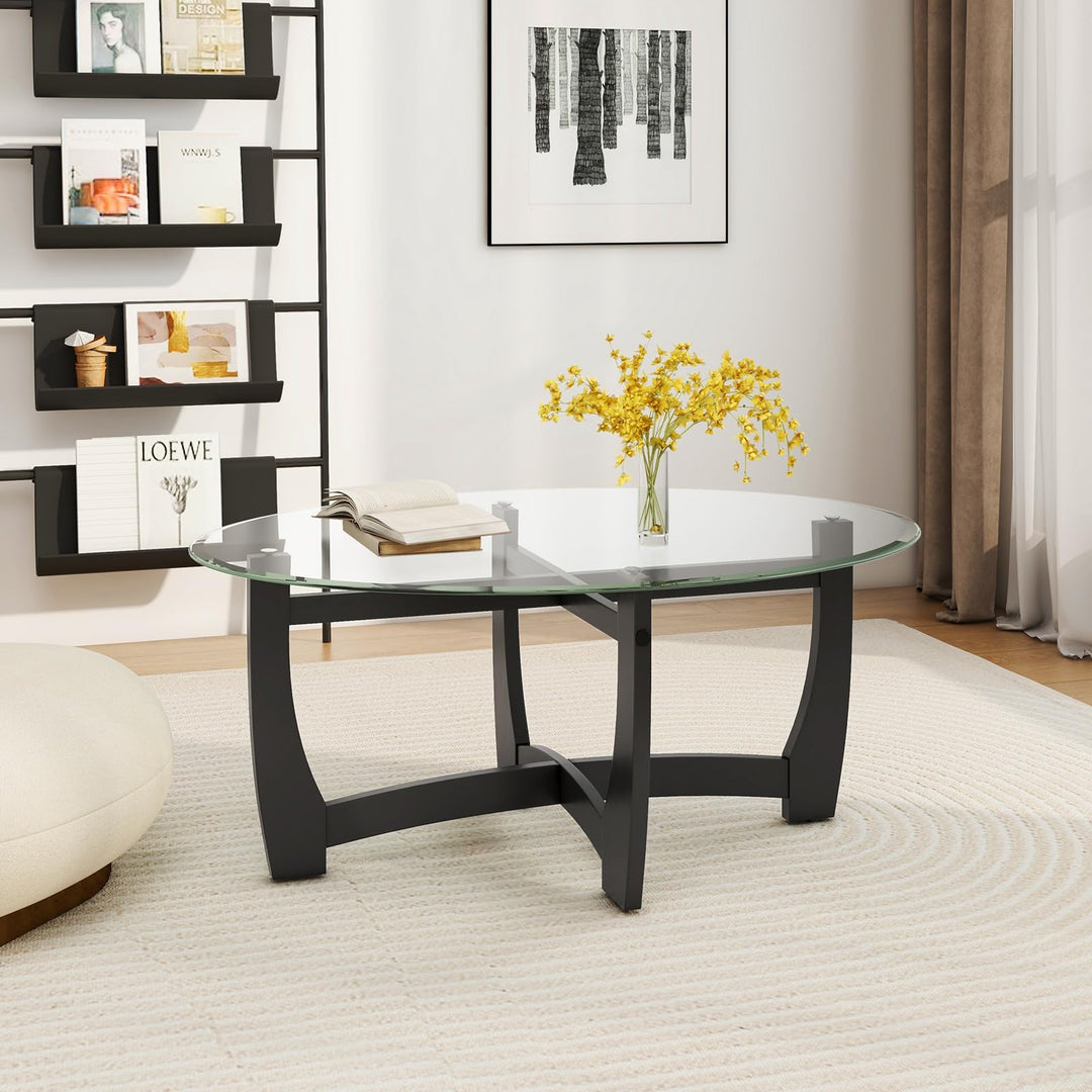 Giantex Glass Coffee Table, 48" Oval Accent Tea Table with Tempered Glass Top &amp; Solid Wood Structure