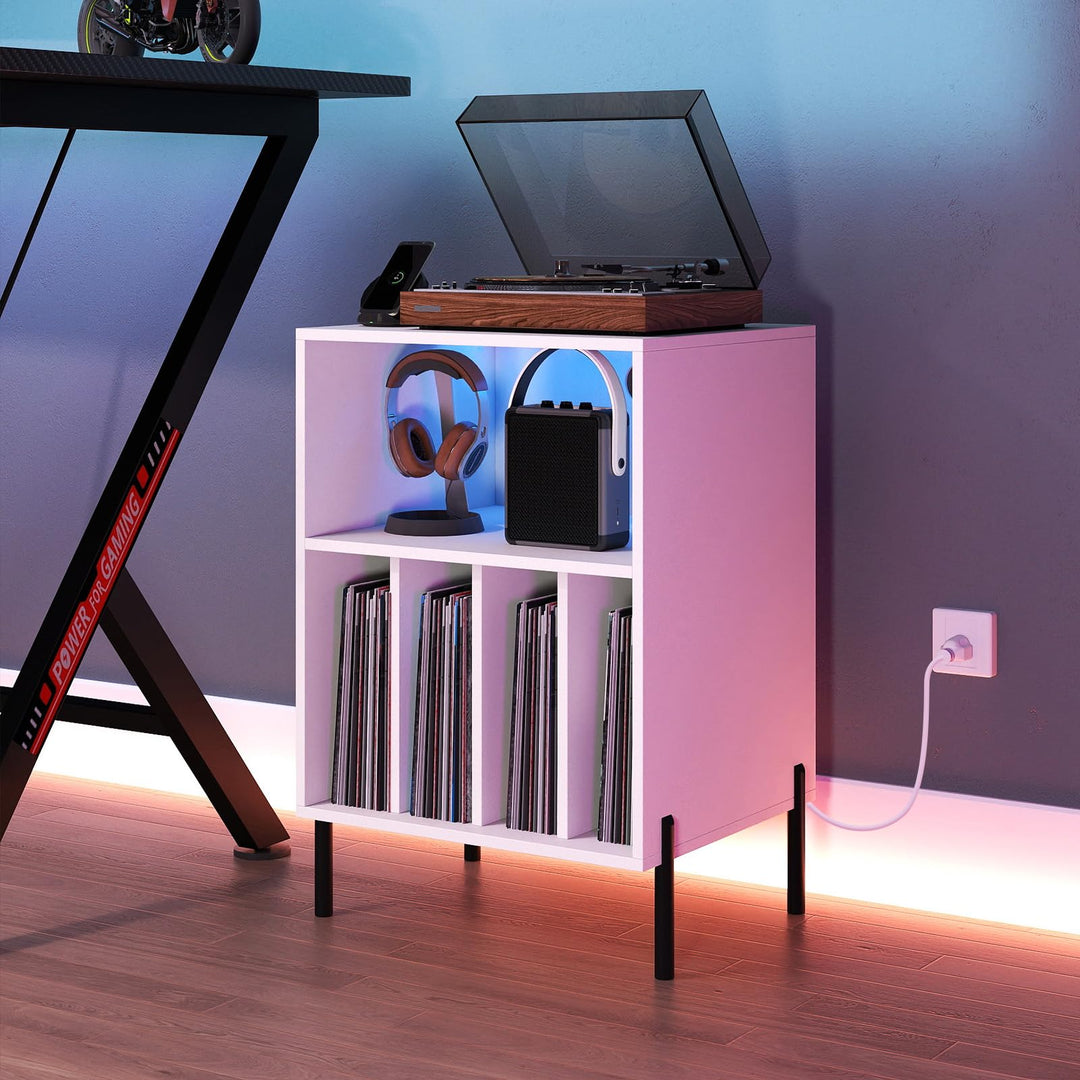 Giantex Record Player Stand with LED Lights &amp; Charging Station