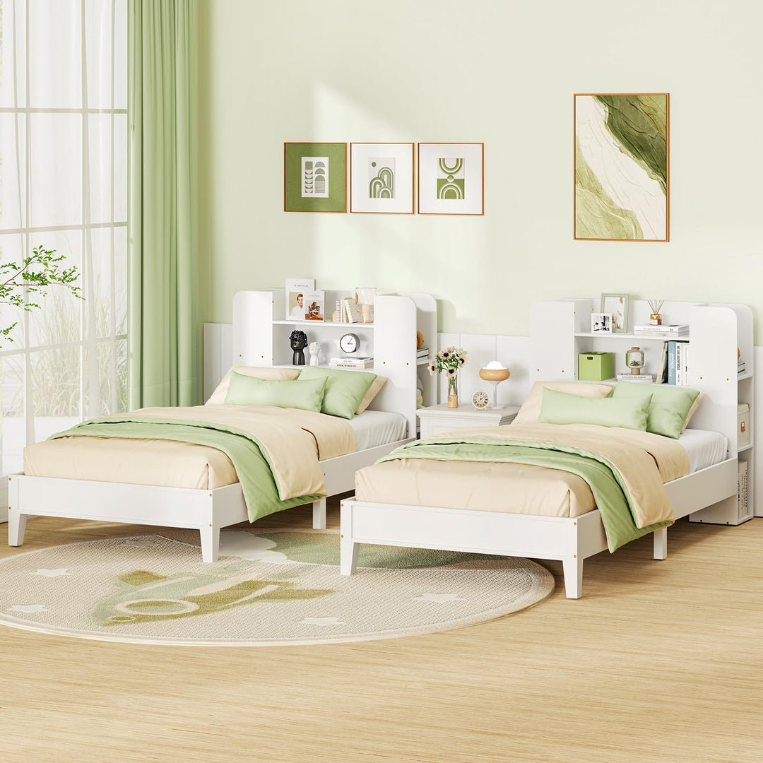 Giantex Twin Bed Frames for Kids, Wooden Twin Size Bed with Storage Bookcase Headboard