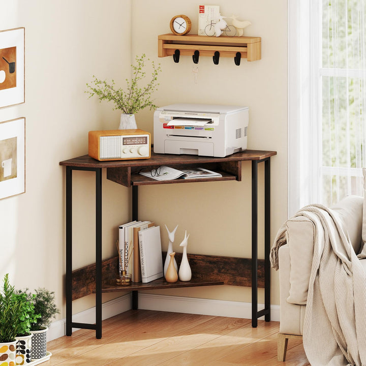 Giantex Small Corner Desk with Charging Station with Keyboard Tray &amp; Storage Shelf