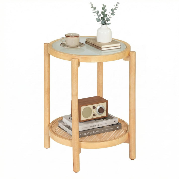 Giantex 2-Tier Boho Rattan Round Side Table w/Tempered Glass Top (1/2)