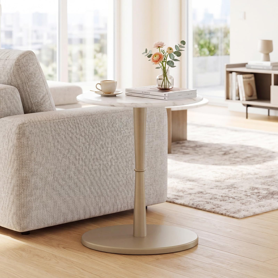 Giantex Round Marble Side Table w/Stone Finish &amp; Wooden Pedestal (1/2)