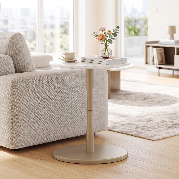 Giantex Round Marble Side Table w/Stone Finish &amp; Wooden Pedestal (1/2)