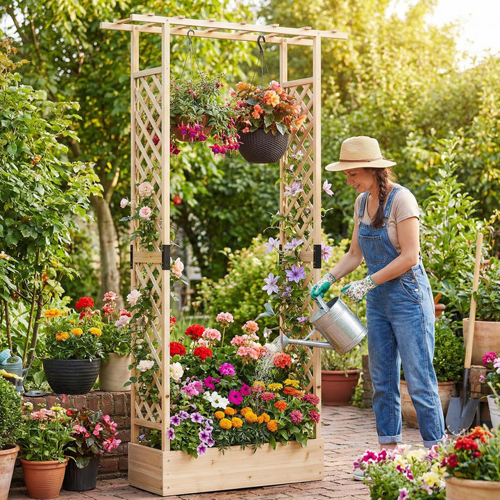 Giantex Wooden Raised Garden Bed with Trellis &amp; Hanging Roof