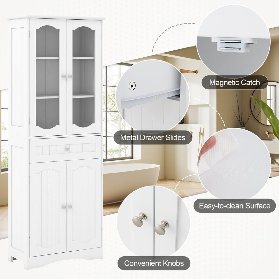 Giantex 63" Tall Bathroom Cabinet, Pantry Cabinet with Tempered Glass Doors, Adjustable Shelves &amp; Large Drawer