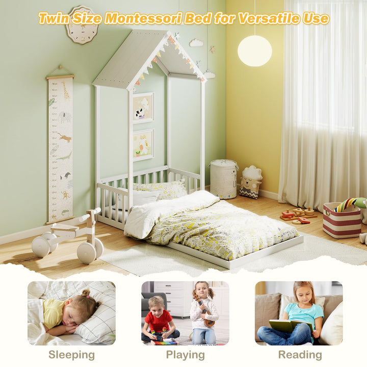 Giantex Twin Size House Bed Montessori Floor Bed with House Shape Roof &amp; Semi-Fence